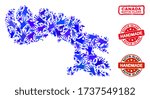 Vector handmade combination of Baffin Island map and textured seals. Mosaic Baffin Island map is created with randomized blue hands. Rounded and wry red seals with grunge rubber texture.