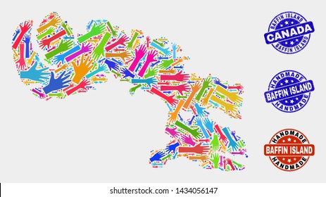 Vector handmade combination of Baffin Island map and corroded stamps. Mosaic Baffin Island map is done of scattered bright colored hands. Rounded stamp imprints with corroded rubber texture.