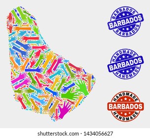 Vector handmade combination of Barbados map and corroded stamp seals. Mosaic Barbados map is created of random bright colored hands. Rounded stamp imprints with distress rubber texture.