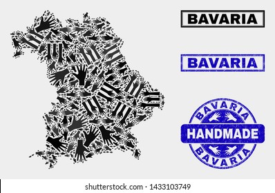 Vector handmade combination of Bavaria Land map and rubber watermarks. Mosaic Bavaria Land map is constructed with randomized hands. Blue watermarks with corroded rubber texture.