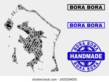 Vector handmade combination of Bora-Bora map and rubber stamps. Mosaic Bora-Bora map is designed of random hands. Blue stamp imprints with distress rubber texture.