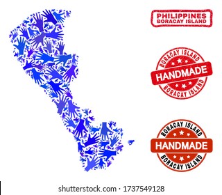 Vector de combinación hecha a mano del mapa de la isla Boracay y marcas de agua grunge. El mapa de la isla Mosaic de Boracay se compone de manos azules al azar. Marcas de agua rojas rugosas y rugosas con textura de caucho de peligro.