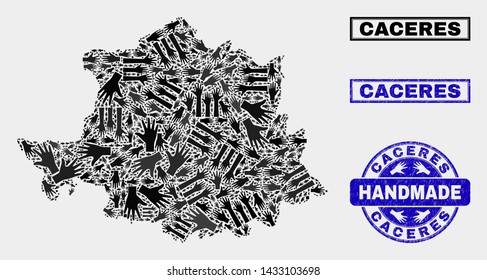 Vector handmade combination of Caceres Province map and grunge seals. Mosaic Caceres Province map is made with random hands. Blue stamp imprints with grunge rubber texture.