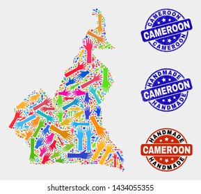 Vector handmade combination of Cameroon map and grunge watermarks. Mosaic Cameroon map is done of scattered bright colorful hands. Rounded watermarks with grunge rubber texture.