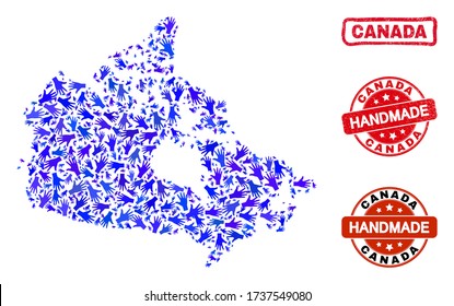 Vector handmade combination of Canada map and scratched stamp seals. Mosaic Canada map is constructed with scattered blue hands. Rounded and crooked red seals with scratched rubber texture.
