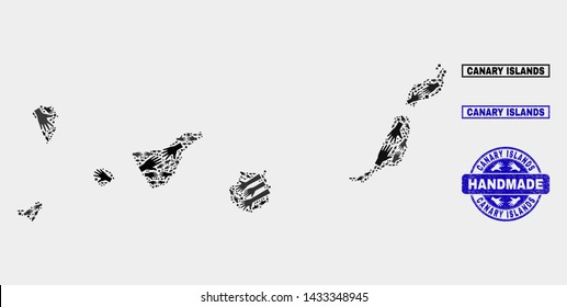 Vector handmade combination of Canary Islands map and corroded watermarks. Mosaic Canary Islands map is formed of randomized hands. Blue watermarks with corroded rubber texture.