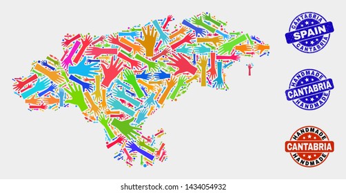 Vector handmade combination of Cantabria Province map and grunge stamp seals. Mosaic Cantabria Province map is composed of random bright colorful hands.