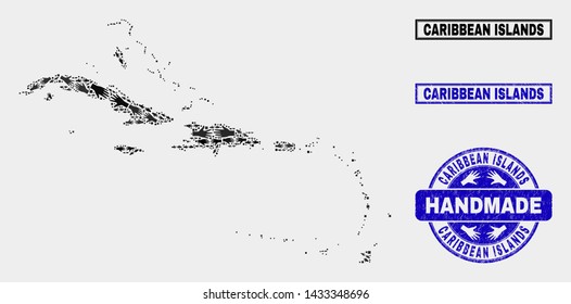 Vector handmade combination of Caribbean Islands map and corroded stamp seals. Mosaic Caribbean Islands map is done of randomized hands. Blue stamp imprints with distress rubber texture.