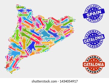 Vector handmade combination of Catalonia map and grunge seals. Mosaic Catalonia map is done of randomized bright colored hands. Rounded seals with unclean rubber texture.