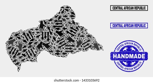 Vector handmade combination of Central African Republic map and dirty stamp seals. Mosaic Central African Republic map is composed of scattered hands. Blue stamp imprints with unclean rubber texture.