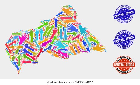 Vector handmade combination of Central African Republic map and rubber seals. Mosaic Central African Republic map is composed with randomized bright colored hands.
