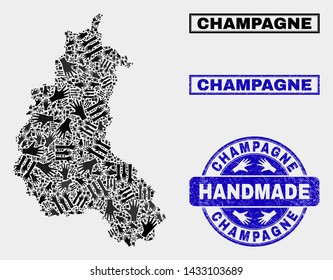 Vector handmade combination of Champagne Province map and grunge seals. Mosaic Champagne Province map is created of random hands. Blue watermarks with grunge rubber texture.