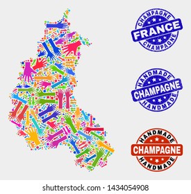 Vector handmade combination of Champagne Province map and dirty seals. Mosaic Champagne Province map is created with random bright colored hands. Rounded seals with unclean rubber texture.