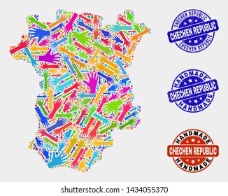 Vector handmade combination of Chechen Republic map and grunge watermarks. Mosaic Chechen Republic map is created of scattered bright colorful hands. Rounded watermarks with distress rubber texture.