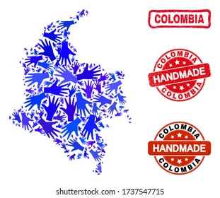 Vector handmade combination of Colombia map and textured stamp seals. Mosaic Colombia map is constructed of randomized blue hands. Rounded and wry red stamp imprints with corroded rubber texture.