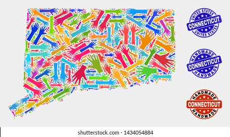 Vector handmade combination of Connecticut State map and rubber stamps. Mosaic Connecticut State map is created with scattered bright colorful hands. Rounded stamp imprints with grunge rubber texture.