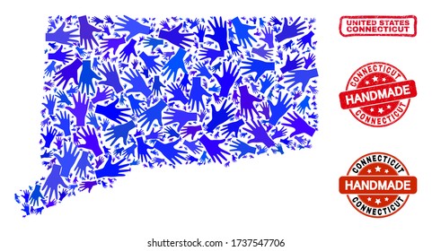 Vector handmade combination of Connecticut State map and scratched stamp seals. Mosaic Connecticut State map is composed with scattered blue hands.