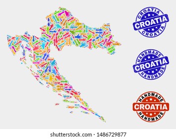 Vector handmade combination of Croatia map and rubber stamps. Mosaic Croatia map is constructed of scattered bright colorful hands. Rounded watermarks with corroded rubber texture.