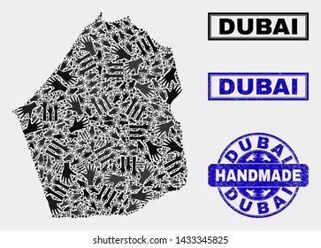 Vector handmade combination of Dubai Emirate map and rubber watermarks. Mosaic Dubai Emirate map is made with scattered hands. Blue seals with distress rubber texture.