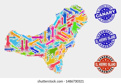 Vector handmade combination of El Hierro Island map and corroded stamps. Mosaic El Hierro Island map is organized from scattered bright colorful hands. Rounded watermarks with corroded rubber texture.