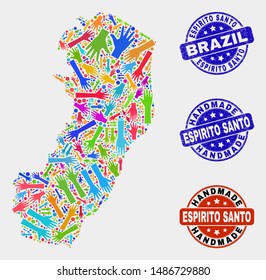 Vector handmade combination of Espirito Santo State map and textured stamp seals. Mosaic Espirito Santo State map is done with scattered bright colored hands.