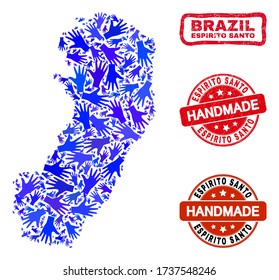 Vector handmade combination of Espirito Santo State map and unclean stamp seals. Mosaic Espirito Santo State map is composed of scattered blue hands.