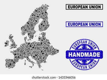 Vector handmade combination of European Union map and grunge watermarks. Mosaic European Union map is composed with randomized hands. Blue watermarks with distress rubber texture.