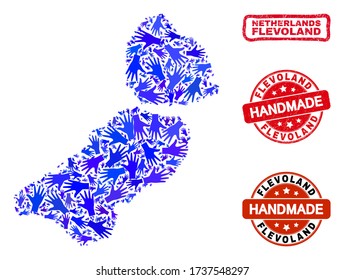 Vector handgefertigte Kombination aus Landkarte der Provinz Flevoland und Gummistempeln. Mosaik Flevoland Provinz Karte ist aus randomisierten blauen Händen gebildet.