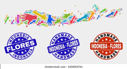Vector handmade combination of Flores Islands of Indonesia map and rubber seals. Mosaic Flores Islands of Indonesia map is organized of scattered bright colorful hands.