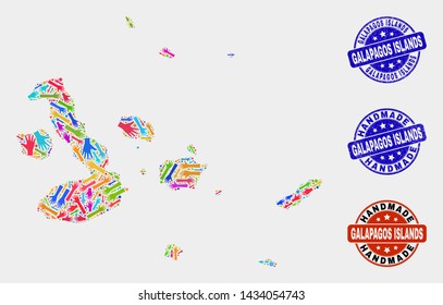 Vector handmade combination of Galapagos Islands map and corroded watermarks. Mosaic Galapagos Islands map is created with random bright colored hands. Rounded watermarks with distress rubber texture.