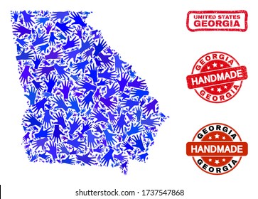 Combinación de vectores hecha a mano del mapa del estado de Georgia y sellos de sellos de goma. El mapa del estado de Georgia Mosaica se compone de manos azules al azar. Juntas rojas redondeadas y secas con textura de goma gruesa.