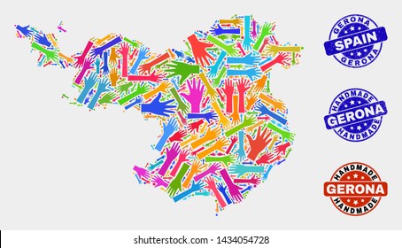 Vector handmade combination of Gerona Province map and corroded seals. Mosaic Gerona Province map is constructed of scattered bright colored hands. Rounded seals with corroded rubber texture.