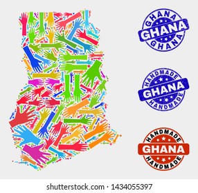 Vector handmade combination of Ghana map and unclean stamps. Mosaic Ghana map is made with randomized bright colored hands. Rounded watermarks with unclean rubber texture.