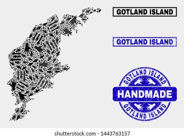 Vector handmade combination of Gotland Island map and rubber watermarks. Mosaic Gotland Island map is organized of randomized hands. Blue watermarks with unclean rubber texture.