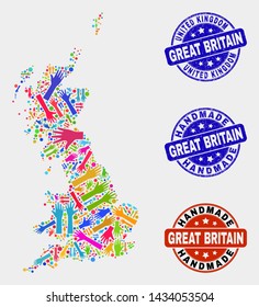 Vector handmade combination of Great Britain map and grunge stamp seals. Mosaic Great Britain map is composed with scattered bright colored hands. Rounded stamp imprints with distress rubber texture.