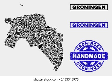Vector handmade combination of Groningen Province map and grunge watermarks. Mosaic Groningen Province map is constructed of scattered hands. Blue watermarks with distress rubber texture.
