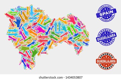 Vector handmade combination of Guadalajara Province map and corroded seals. Mosaic Guadalajara Province map is designed of randomized bright colored hands. Rounded seals with corroded rubber texture.