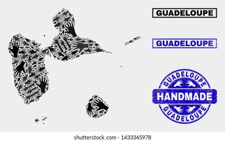 Vector handmade combination of Guadeloupe map and rubber stamps. Mosaic Guadeloupe map is designed with randomized hands. Blue stamp imprints with distress rubber texture.