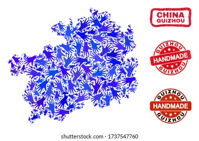 Vector handmade combination of Guizhou Province map and corroded seals. Mosaic Guizhou Province map is composed with randomized blue hands. Rounded and crooked red seals with corroded rubber texture.