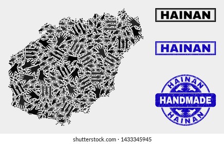 Vector handmade combination of Hainan map and grunge watermarks. Mosaic Hainan map is constructed of random hands. Blue watermarks with distress rubber texture.