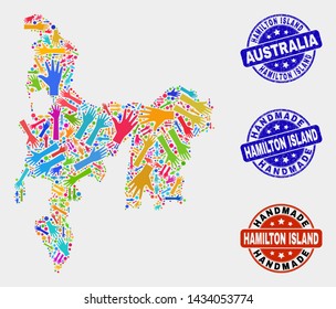 Vector handmade combination of Hamilton Island map and corroded stamp seals. Mosaic Hamilton Island map is created with randomized bright colored hands. Rounded seals with distress rubber texture.