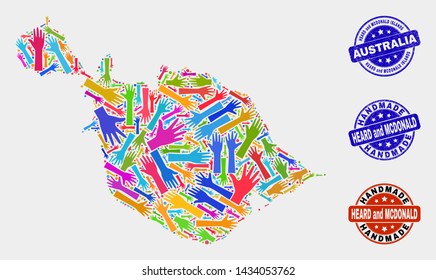 Vector handmade combination of Heard and McDonald Islands map and textured stamp seals. Mosaic Heard and McDonald Islands map is made of random bright colored hands.