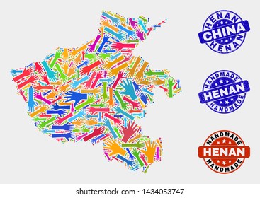 Vector handmade combination of Henan Province map and textured stamp seals. Mosaic Henan Province map is designed with scattered bright colored hands.
