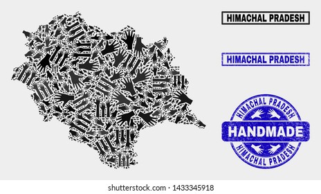 Vector handmade combination of Himachal Pradesh State map and dirty seals. Mosaic Himachal Pradesh State map is created of randomized hands. Blue seals with distress rubber texture.