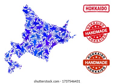 Vector handmade combination of Hokkaido map and rubber stamp seals. Mosaic Hokkaido map is formed of random blue hands. Rounded and crooked red stamp imprints with distress rubber texture.