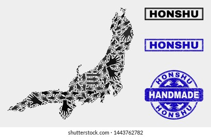 Vector handmade combination of Honshu Island map and corroded stamp seals. Mosaic Honshu Island map is designed with randomized hands. Blue seals with corroded rubber texture.