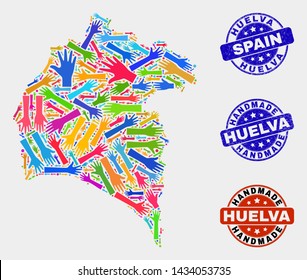 Vector handmade combination of Huelva Province map and rubber stamps. Mosaic Huelva Province map is composed with scattered bright colored hands. Rounded seals with grunge rubber texture.