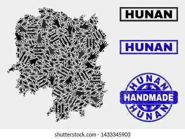 Vector handmade combination of Hunan Province map and rubber watermarks. Mosaic Hunan Province map is done of randomized hands. Blue watermarks with unclean rubber texture.
