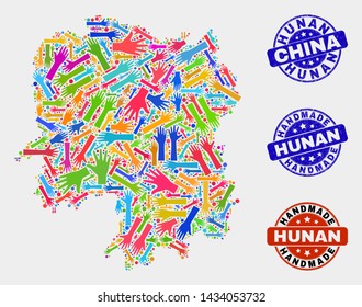 Vector handmade combination of Hunan Province map and rubber seals. Mosaic Hunan Province map is composed with scattered bright colored hands. Rounded watermarks with unclean rubber texture.