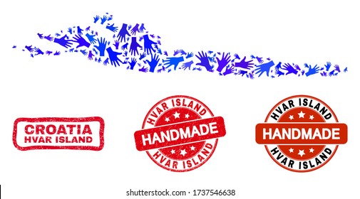 Vector handmade combination of Hvar Island map and grunge watermarks. Mosaic Hvar Island map is formed with scattered blue hands. Rounded and wry red seals with grunge rubber texture.